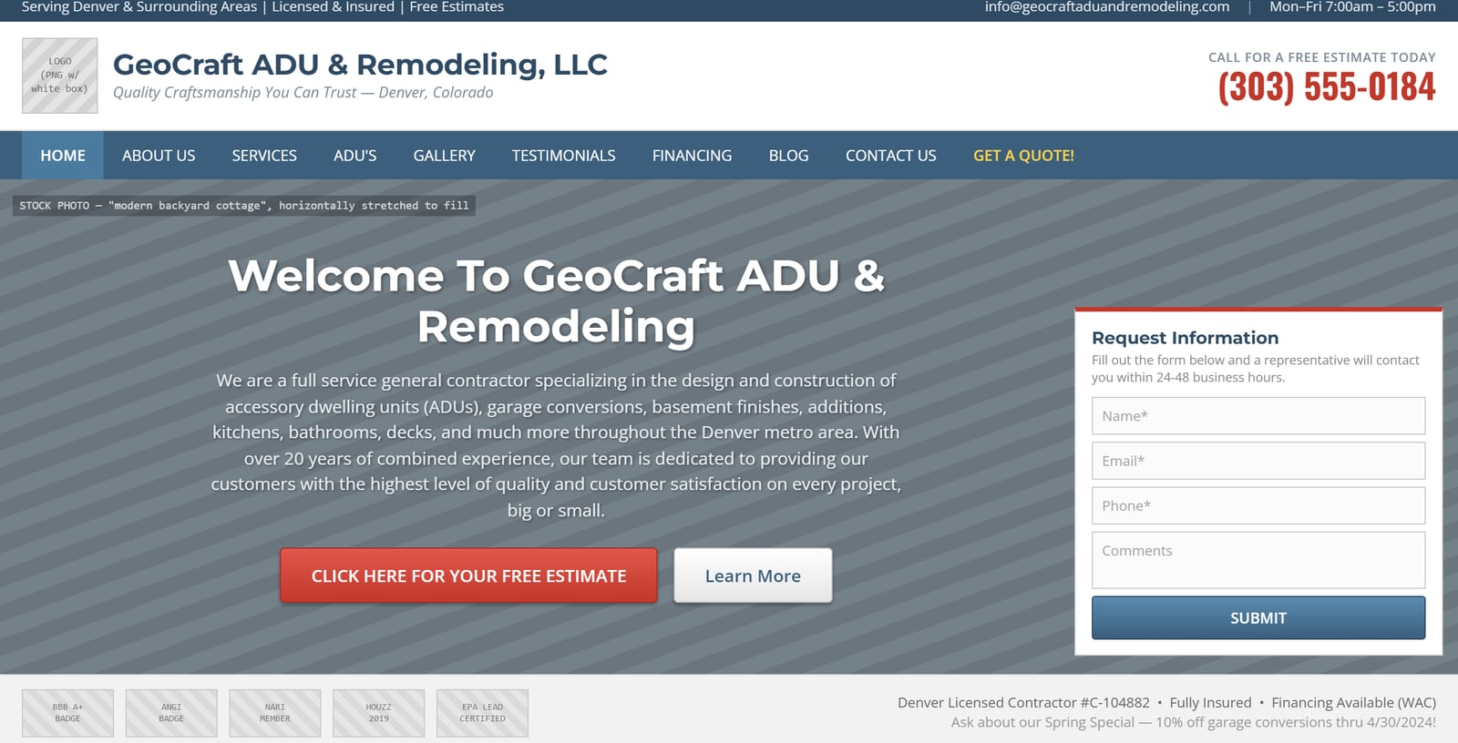 Before: a dated ADU contractor website